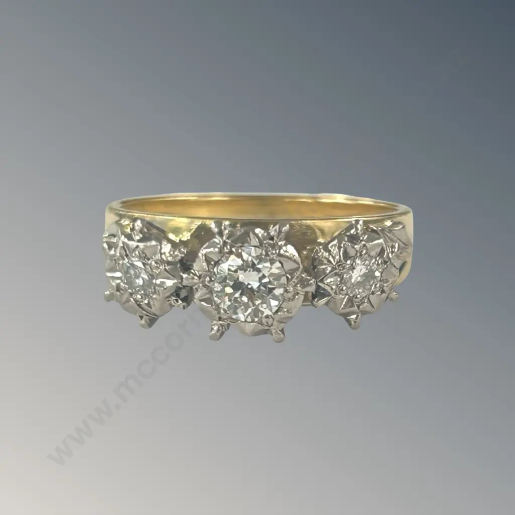 18ct Yellow and 9ct White Gold Three Stone Diamond Ring, Size M/N, TW5.67gms, Valuation $7800 Image 1++