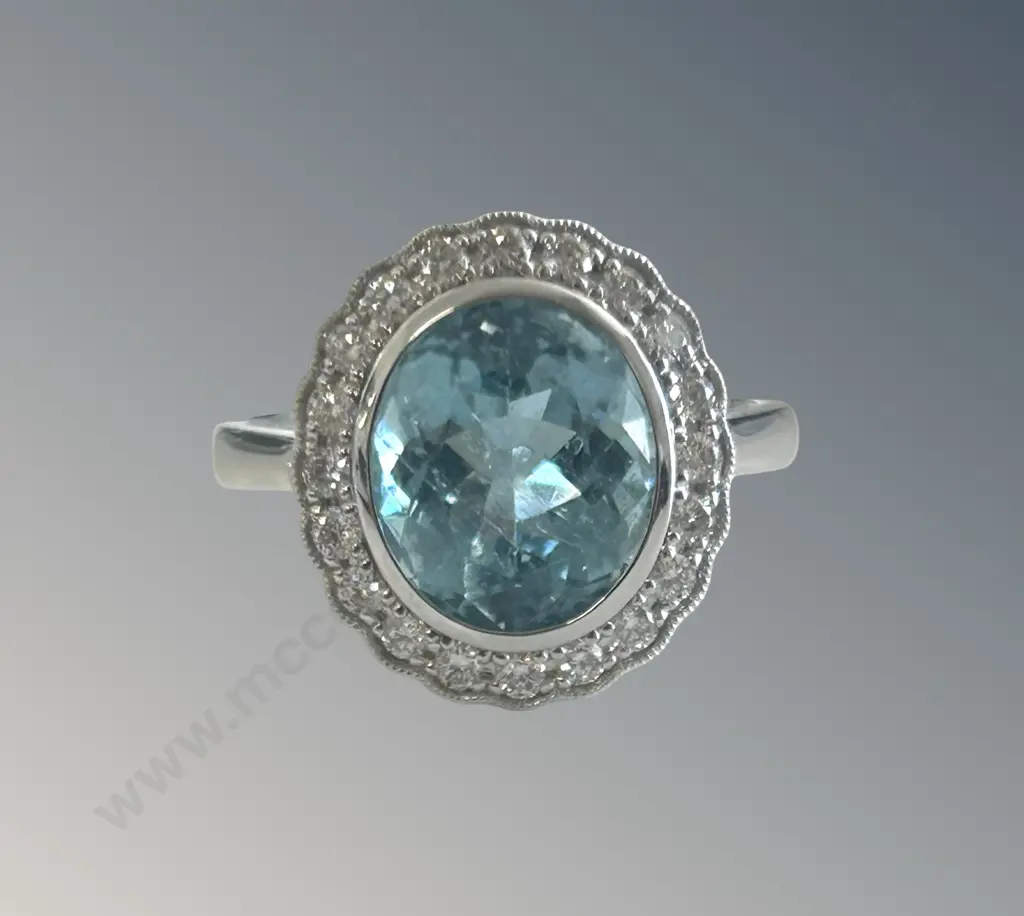 18ct White Gold Aquamarine and Diamond Cluster Ring, Aquamarine 3.81ct, TW6.36gms, Size P, Valuation $8150 Image 1++