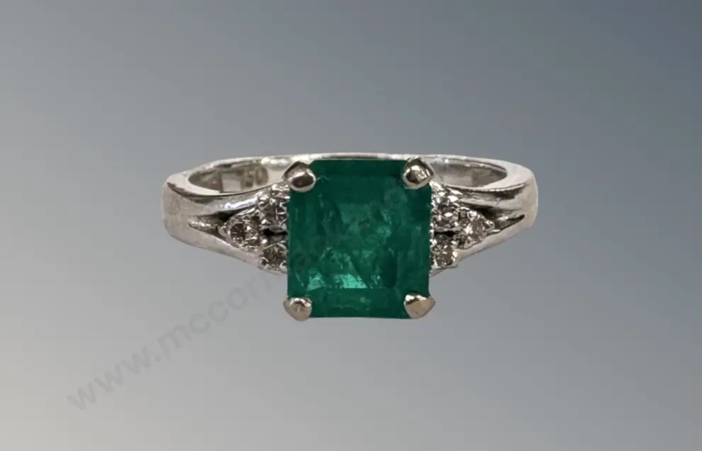 18ct White Gold Emerald and Diamond Ring, Size L, TW4.7gms, Valuation $14500 Image 1++