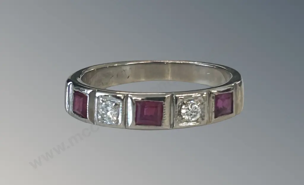 18ct White Gold, Ruby and Diamond Eternity Ring, Size K, TW3.4gms, Valuation $1900 Image 1++