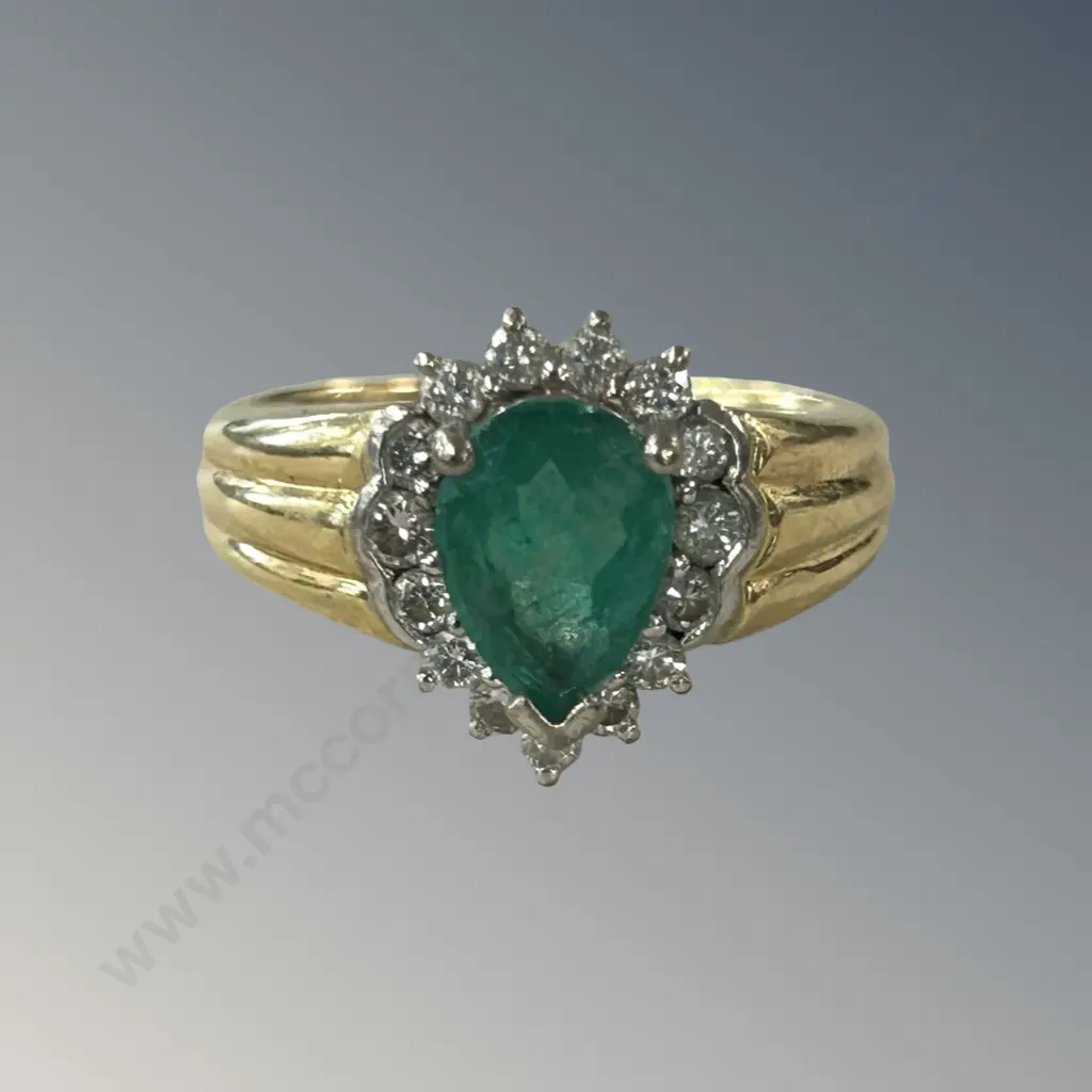 18ct Gold 16 Stone Pear Shaped Emerald and Diamond Cluster Ring, Size M, TW7.83gms, Valuation $9600 Image 1++