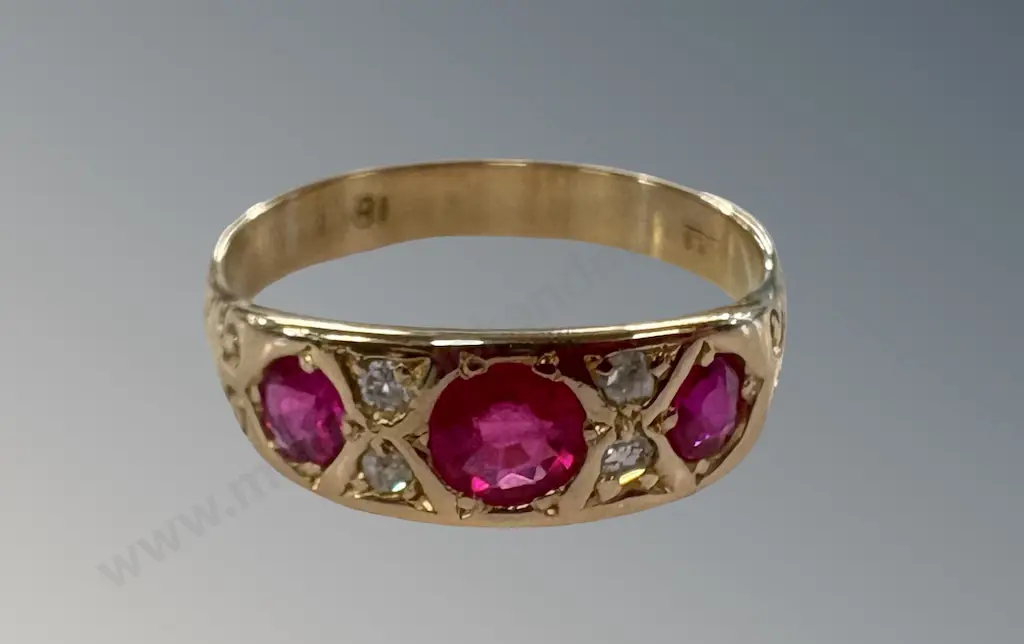 18ct Gold Three Stone Synthetic Ruby and Natural Diamond Ring, Size Q, TW3.8gms, Valuation $4100 Image 1++