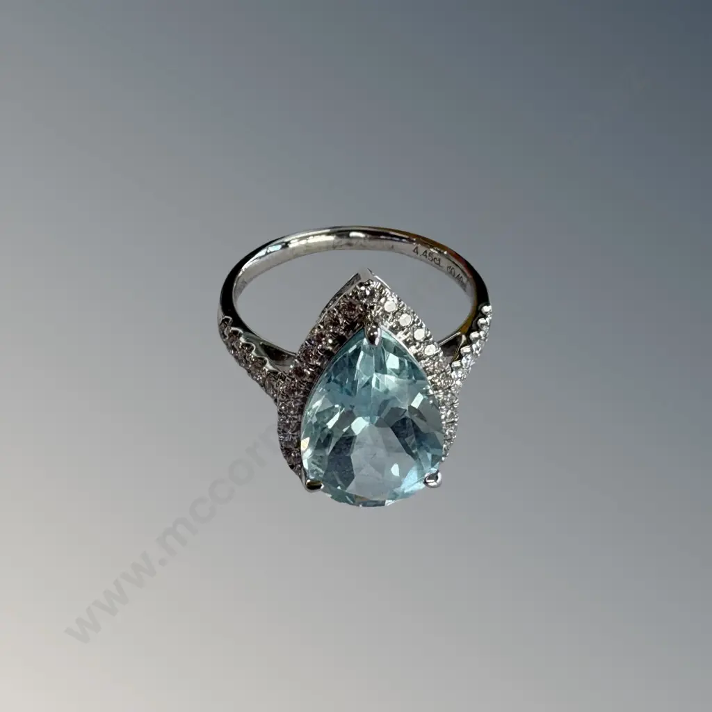 18ct White Gold Pear Shaped Aquamarine and Diamond Cluster Ring, Aquamarine 4.45ct, Size P, TW4.7gms, Valuation $9200 Image 1++