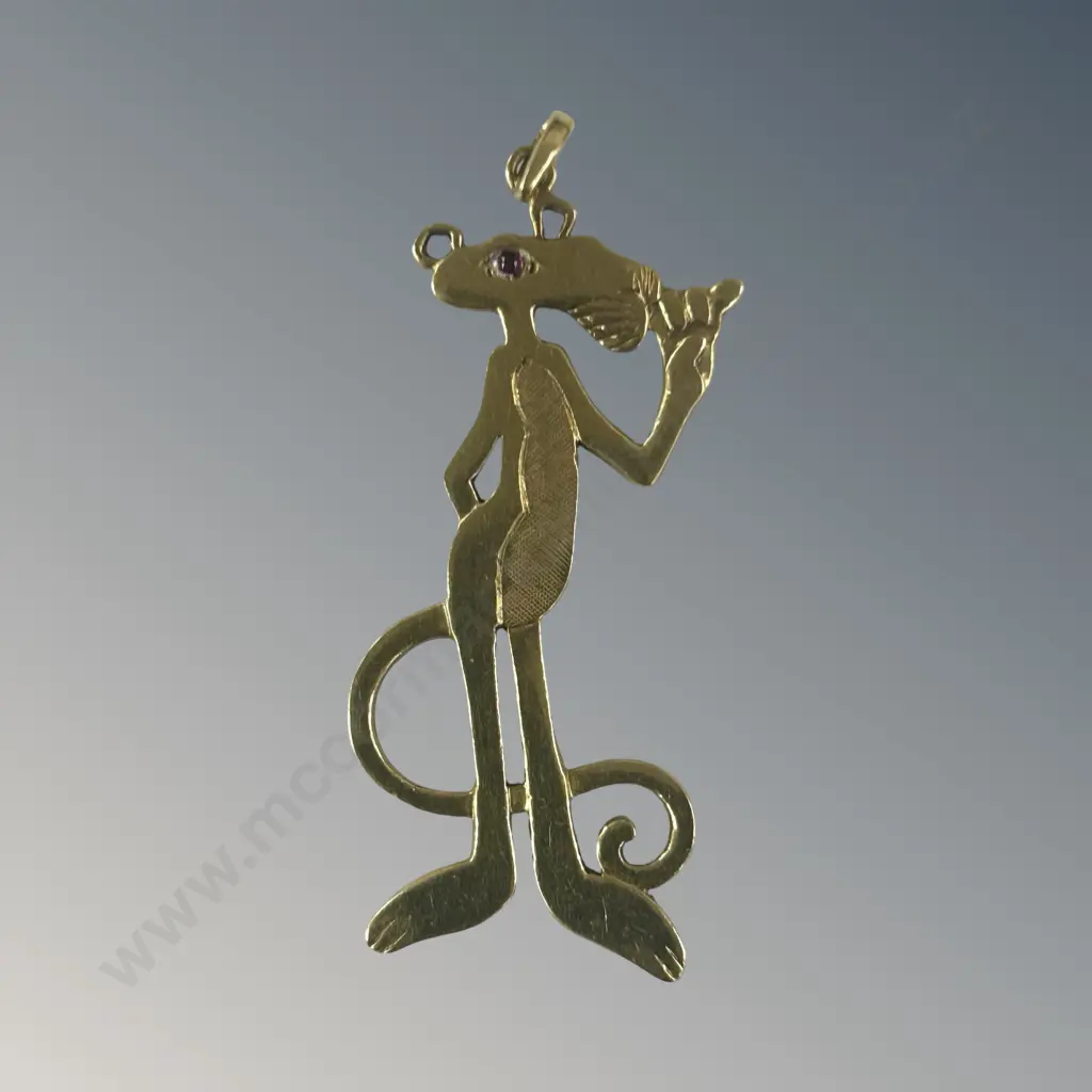 Asprey 18ct Yellow Gold Pink Panther Pendant with Ruby Eye, 1979, Stamped A&Co. Ltd, limited edition, L4.9cm, TW5.13gms Image 1++