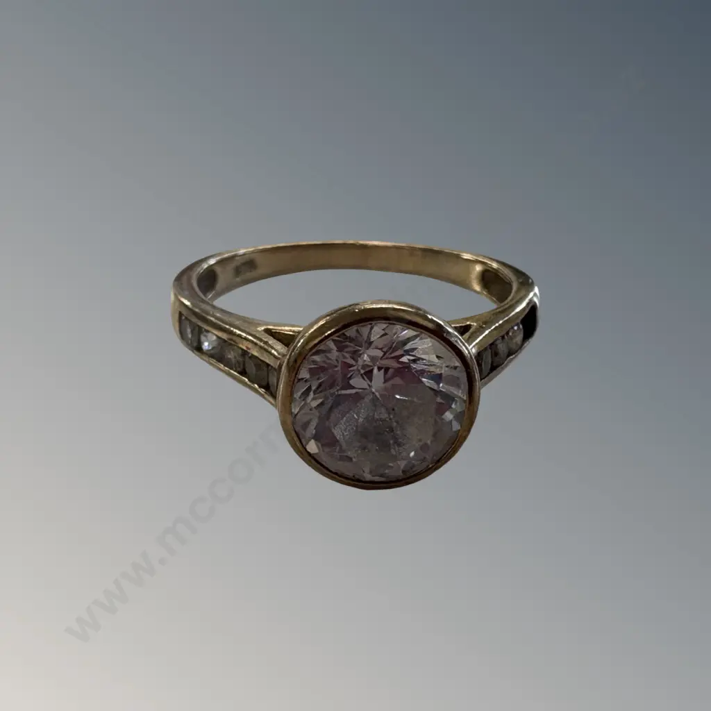 9ct Gold CZ Solitaire with Channel Set CZ on Band (1stone missing), Size, N/O, TW2.77gms Image 1++