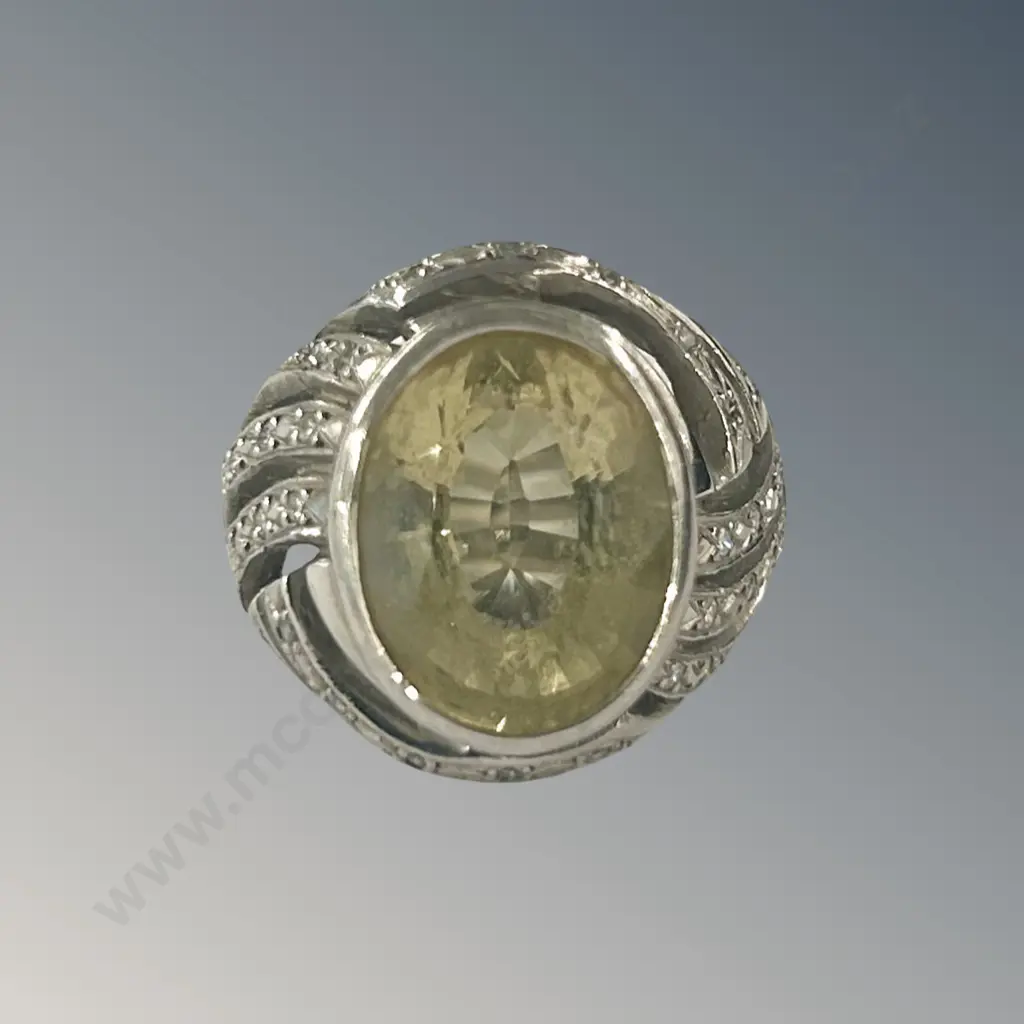 Palladium Citrine and Diamond Set Dress Ring, Citrine 6.09ct, Size H, TW9.2gms, Valuation $4190 Image 1++