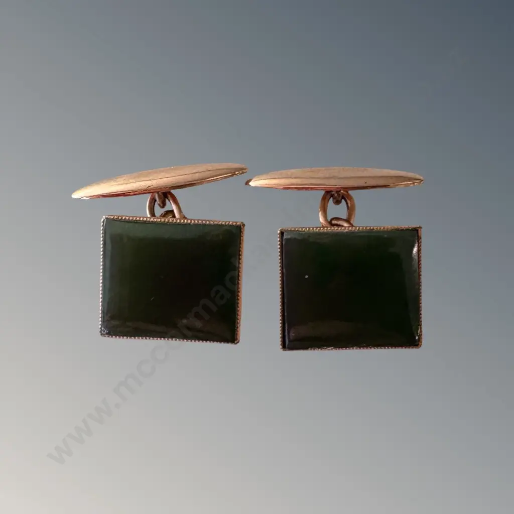 9ct Gold Greenstone Cufflinks, TW6.32cms Image 1++
