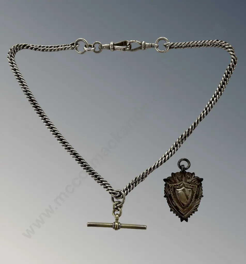 .90 Silver Fob Chain with T-Bar, L40cm & Sterling Silver Medal, TW40.3gms Image 1++