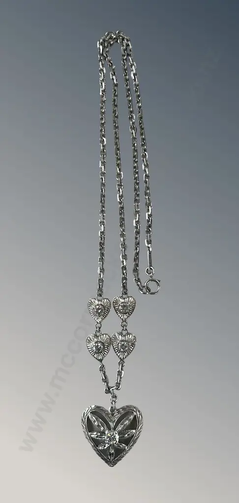Sterling Silver Heart Shaped Pendant with Diamonds on Sterling Silver Chain, TDW1.18ct, L48cm, TW17.8gms Image 1++
