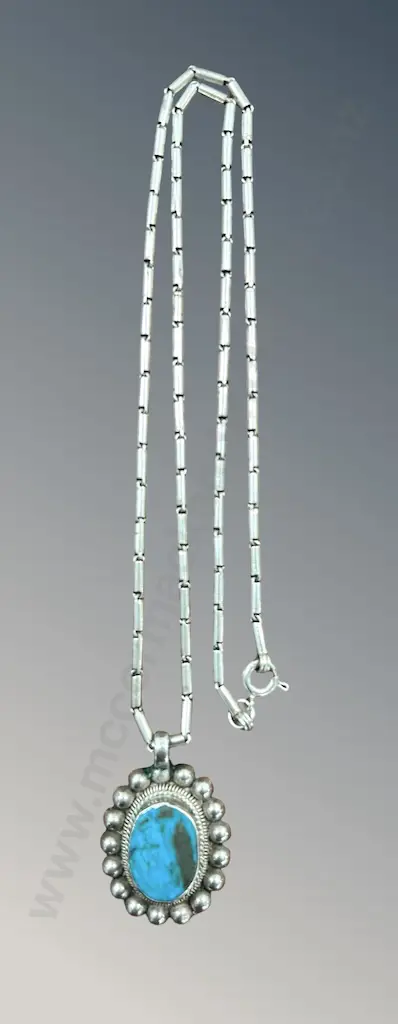 Sterling Silver Necklace with Turquoise Pendant, L46cm TW10.4gms Image 1++