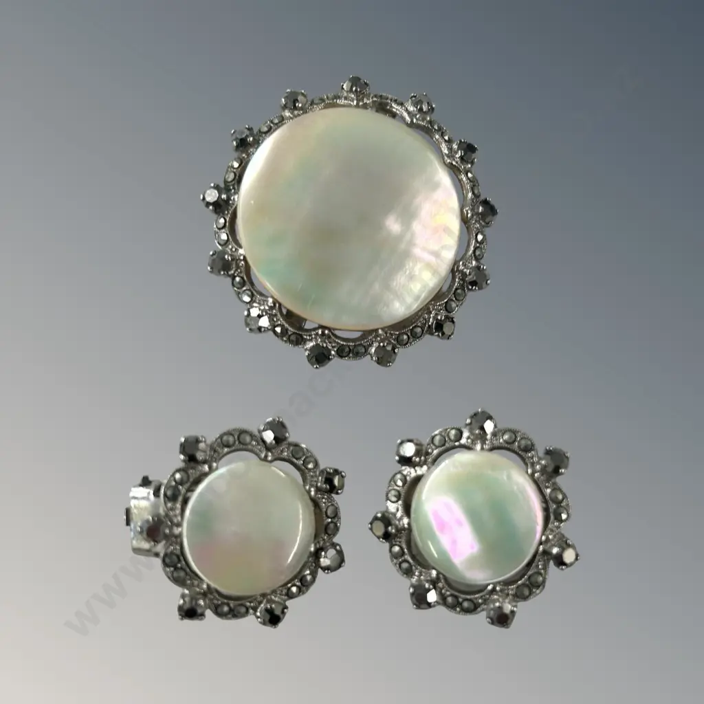 Mother of Pearl Brooch and Earring Set with Marcasite Surround Image 1++