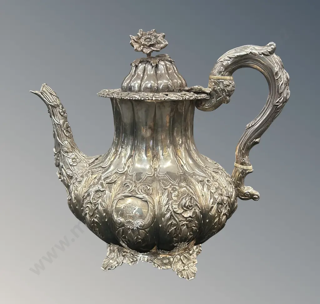 Sterling Silver Ornate Floral Teapot, Frederick Mann & Sons, Dublin 1829, TW1418gms Image 1++