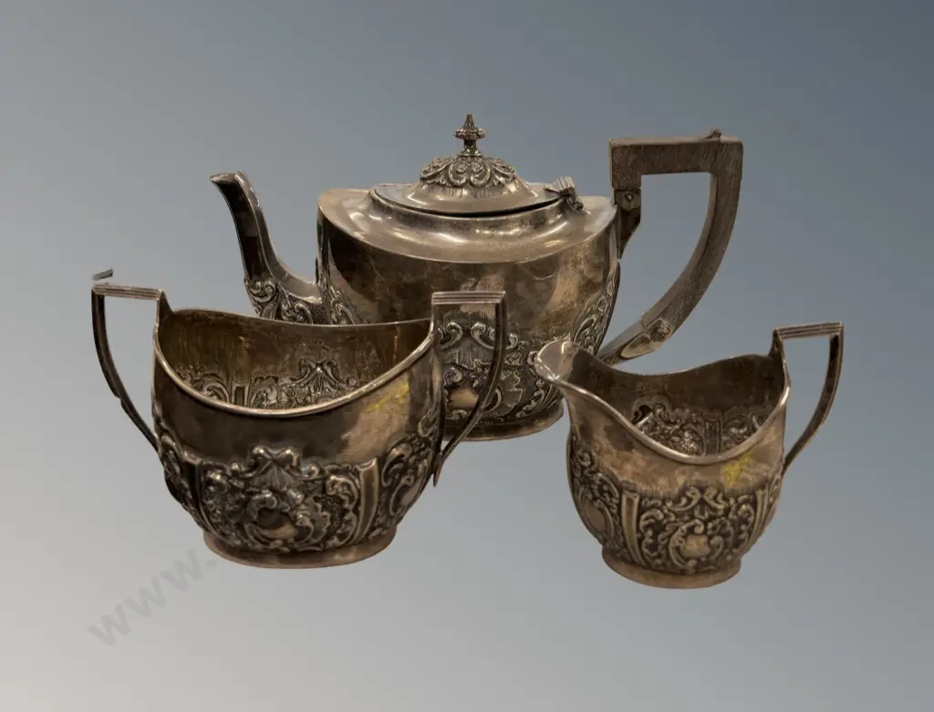 Sterling Silver Embossed Teapot with Wooden Handle, Twin Handled Sugar Bowl and Creamer, TW474gms Image 1++