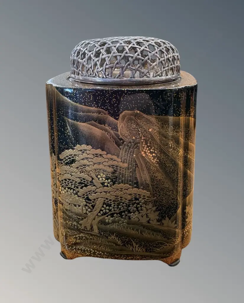 Japanese Lacquer Wajima-Nuri Koro (incense burner) with Japanese Silver Lid and Liner - TW97gms (silver only, see photo  Image 1++