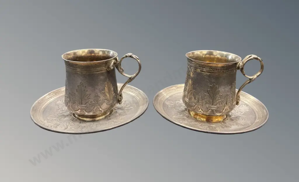 Two French .950 Silver Cups and Saucers - Ladoucette & Gavard (see photo of mark) TW315gms Image 1++