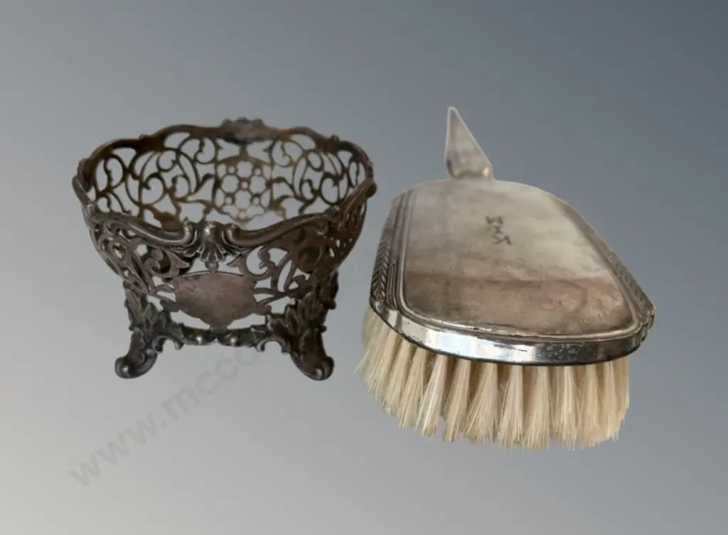 Sterling Silver Mounted Brush TW114gms and Open Weave Footed Bowl, no liner, TW86gms Image 1++