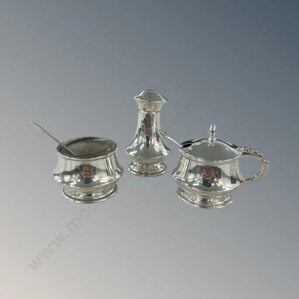 Sterling Silver Pepper Pot, Open Salt and Mustard with Spoon, TW117gms (silver only) Image 1++