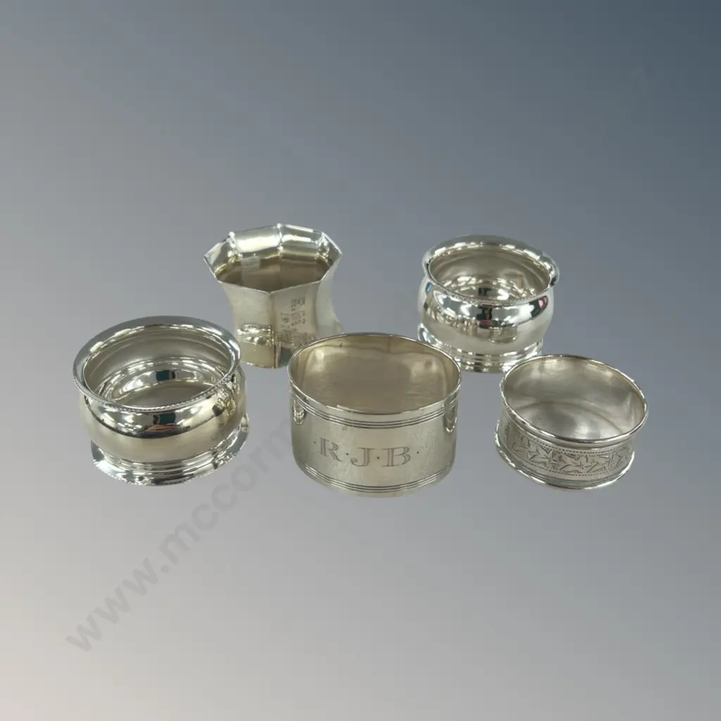 Five Sterling Silver Serviette Rings, TW109gms Image 1++
