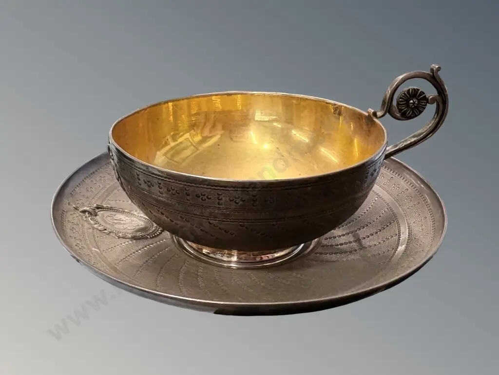 Lavallee French .950 Silver Gilt Lined Cup and Saucer, TW248gms (see photo of mark) Image 1++