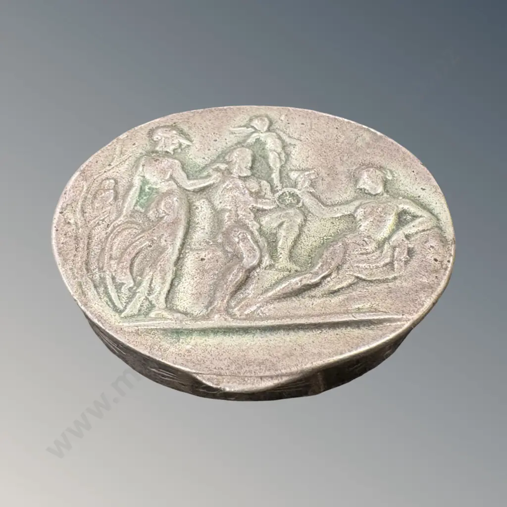 Oval Silver Pill Box, Mythological Scene TW20gms (see photo of mark) Image 1++