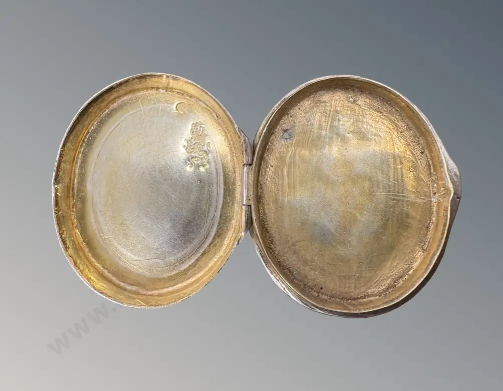 Oval Silver Pill Box, Mythological Scene TW20gms (see photo of mark) Image 1++
