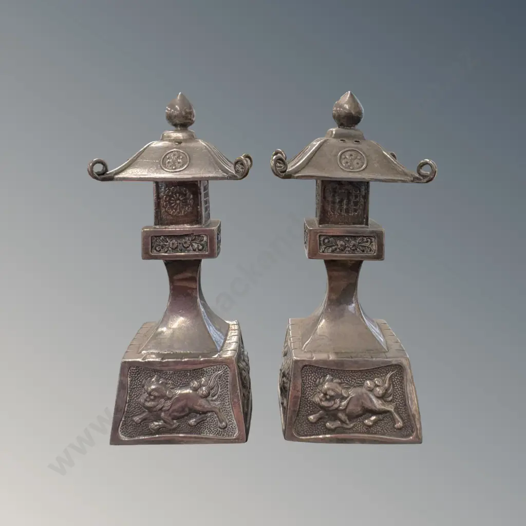 Two Sterling Silver Pagoda Salt and Pepper Shakers, H8cm, TW61gms Image 1++