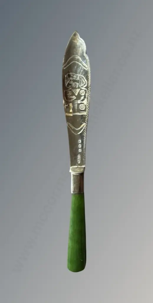Sterling Silver with Greenstone Handle Butter Knife, L15cm, TW 18gms Image 1++