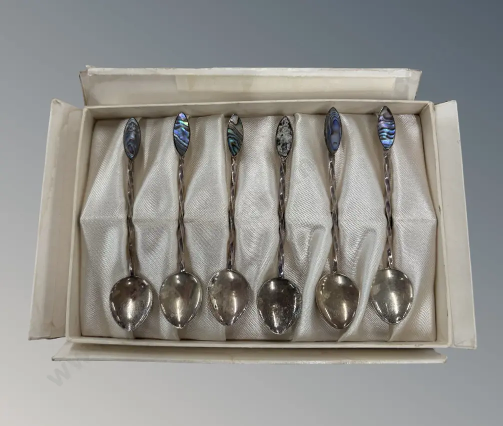 Cased Set of 6 Sterling Silver Teaspoons with Paua Handles, AF 1 Shell Missing, TW37gms Image 1++
