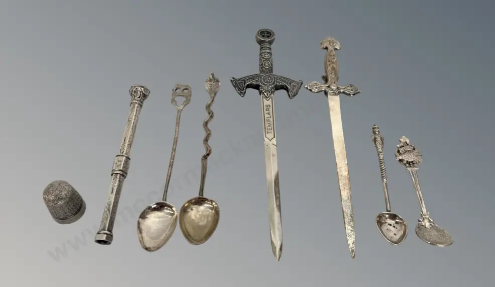 Assorted Silver Teaspoons, thimble, sword letter openers, pencil (AF) Image 1++