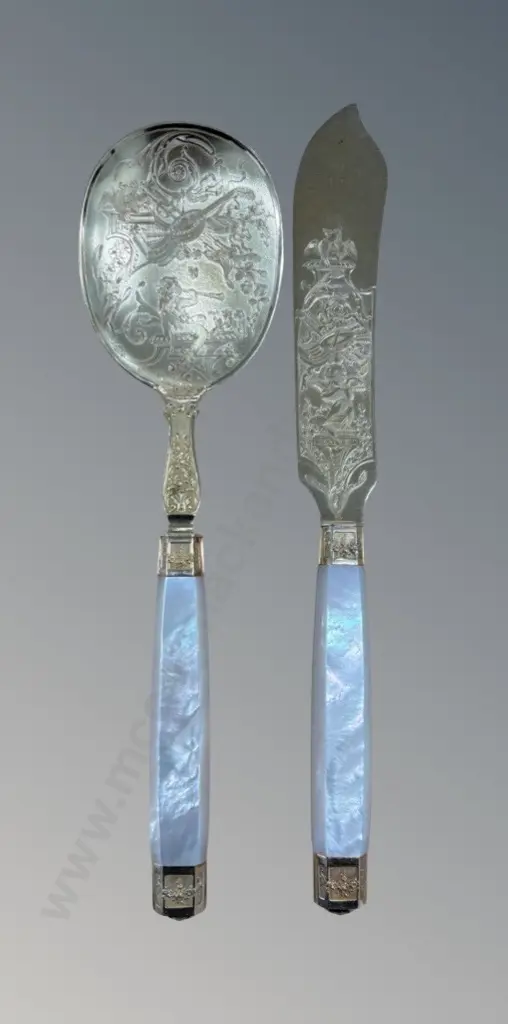 Ernest Cardeilhac French Gilt .950 Silver Serving Set with Musical and Cherub engraving, MOP Handles TW277gms Image 1++