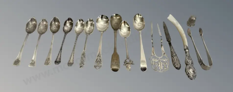 Assorted Sterling Silver teaspoons, tongs, hair pin, thimble, letter opener (AF MOP blade) Nail file with steel TW180gms Image 1++