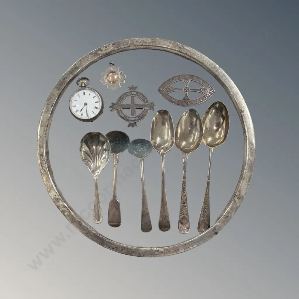 Assorted Sterling Silver Teaspoons, Pocket Watch, Badges, Sheild Pendant and Bowl Rim, TW253gms Image 1++