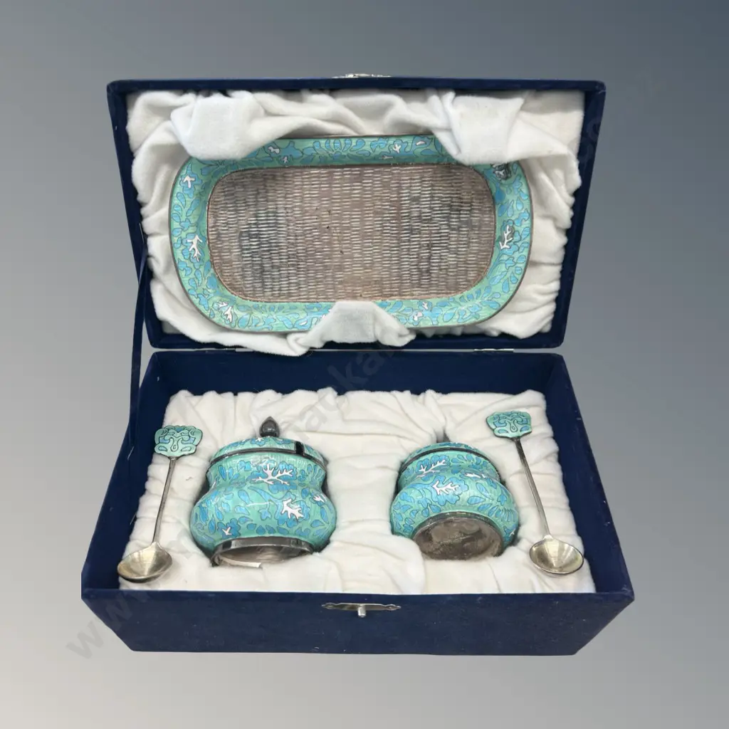 .990 Silver Boxed Enamel Lidded Condiments, Tray and Spoons TW657gms Image 1++