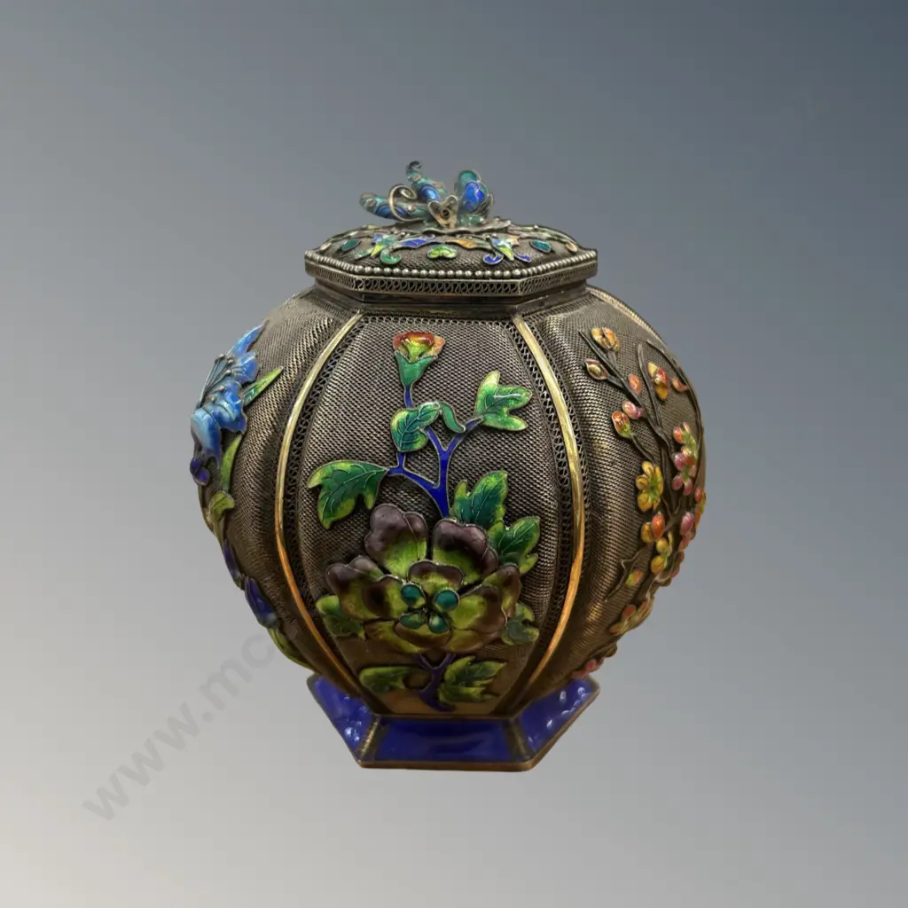 Chinese Tea Caddy, Export Silver and Gilt Filigree with Enameled Floral Motifs, H11cm, see photo of mark TW250gms Image 1++