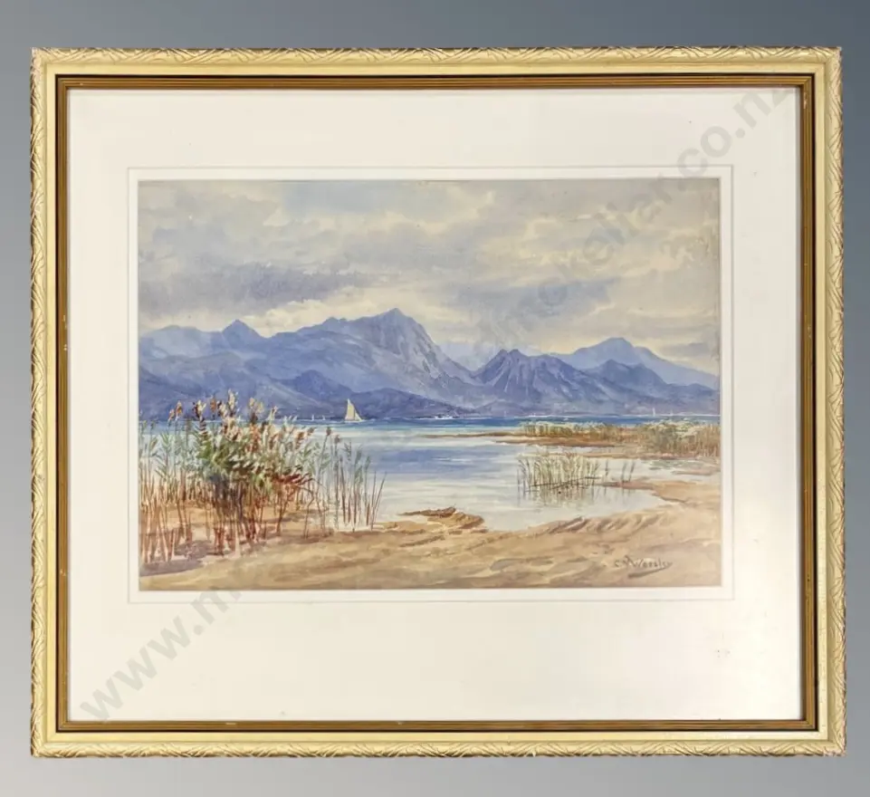 C N Worsley - Mountains and Lakeside, watercolour on paper, 240x340mm Image 1++