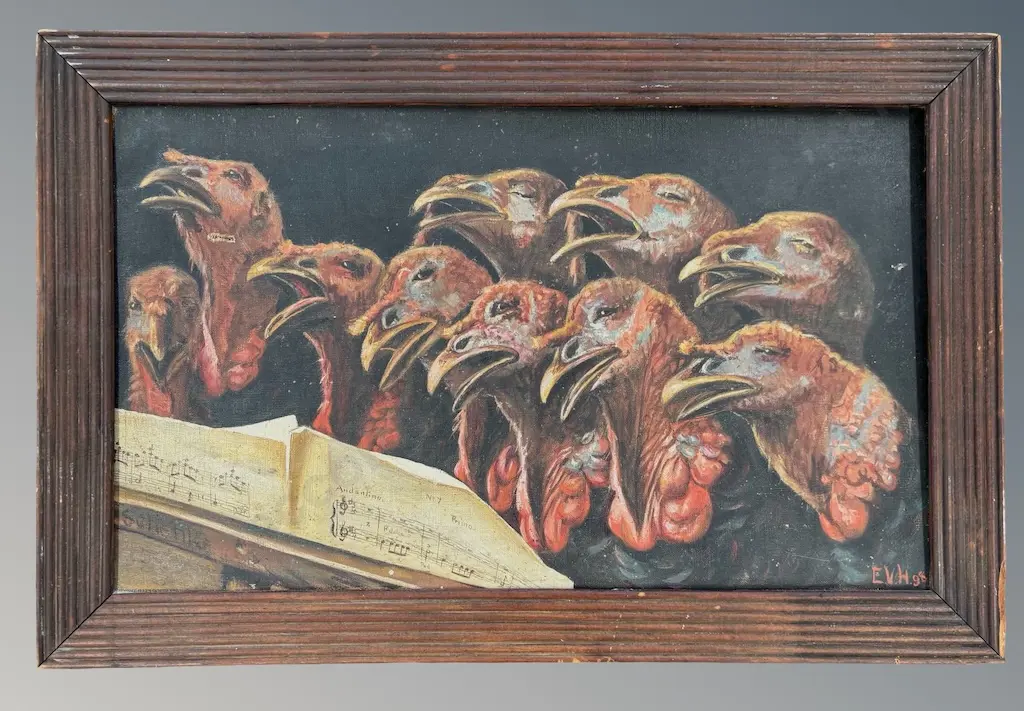 Initialed EVH, Singing Turkeys, 98, oil on canvas AF, 300x500mm Image 1++