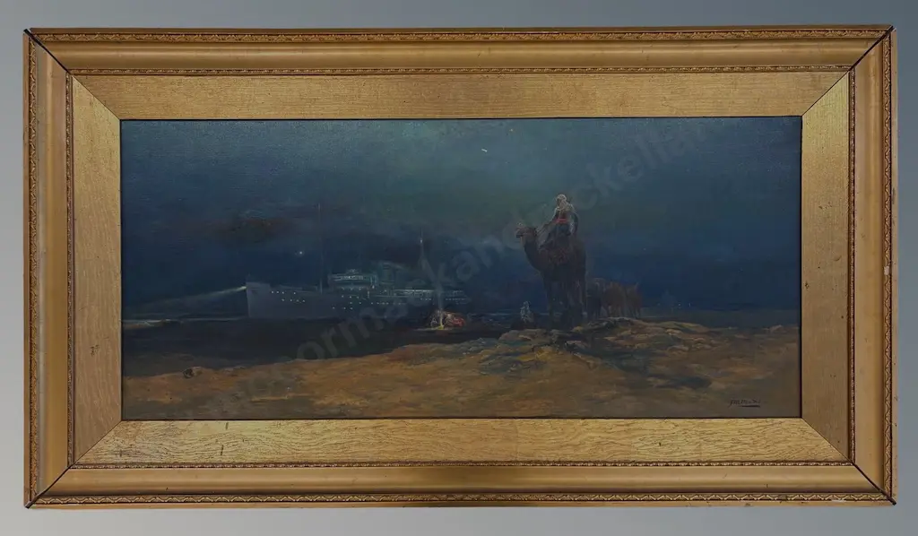 J M Madden - Ships and Camels in the Night, oil on canvas, AF Repair, 490x1130mm Image 1++