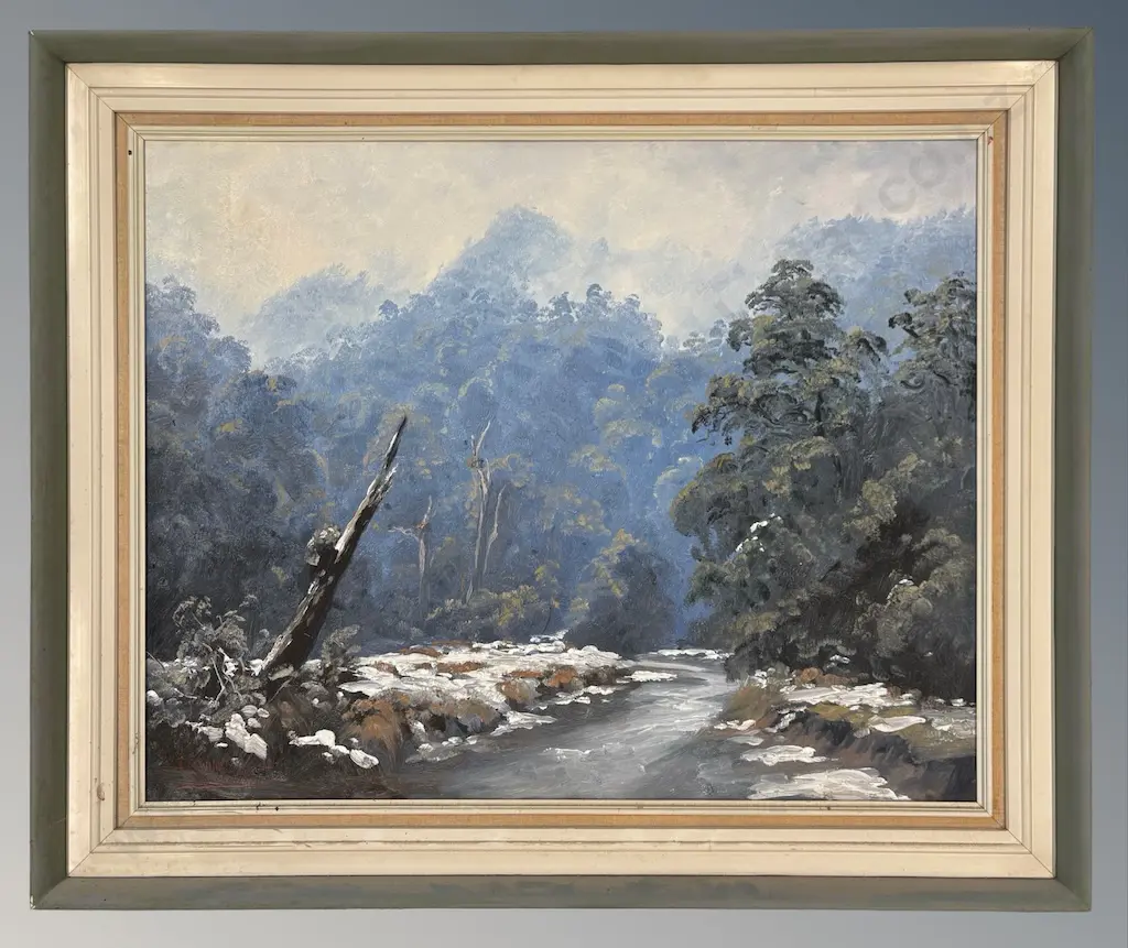 J R White - Orangititaetutu Stream in Winter, oil on board, 595x750mm Image 1++