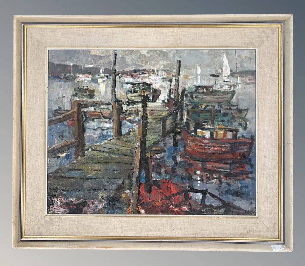 K Mednis, Boats at the Wharf, 1966, oil on board, 495x620mm Image 1++