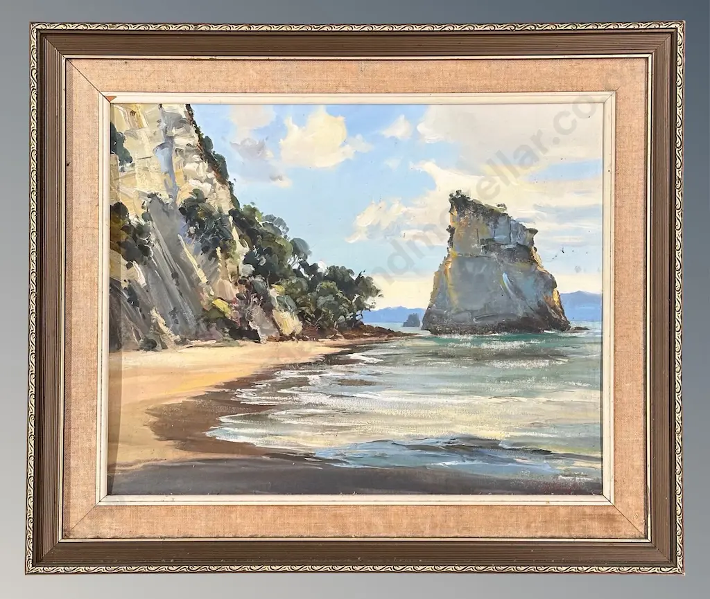 D R Neilson - Cathedral Rock, Hahei, Coromandel, oil on board, 395x490mm Image 1++