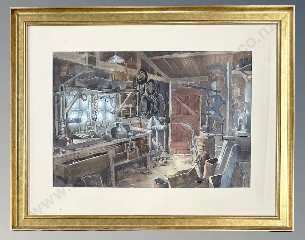 K J Andrews - Inside the Tool Shed, watercolour on paper, 355x520mm Image 1++