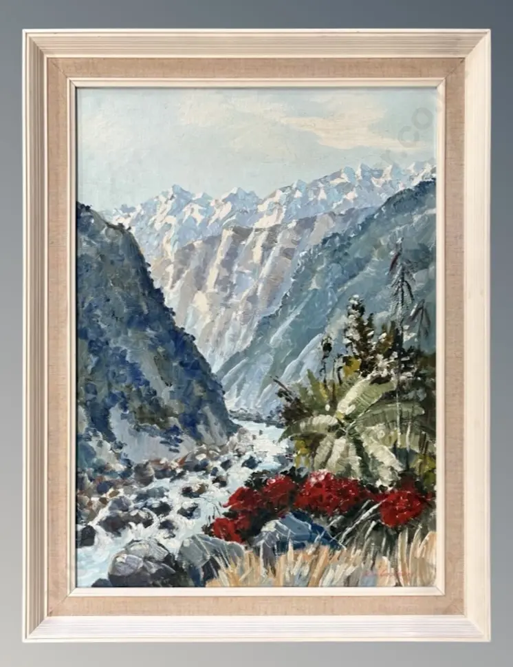 Aston Greathead - Mountain, River and Bush Scene, oil on board, 550x395mm Image 1++