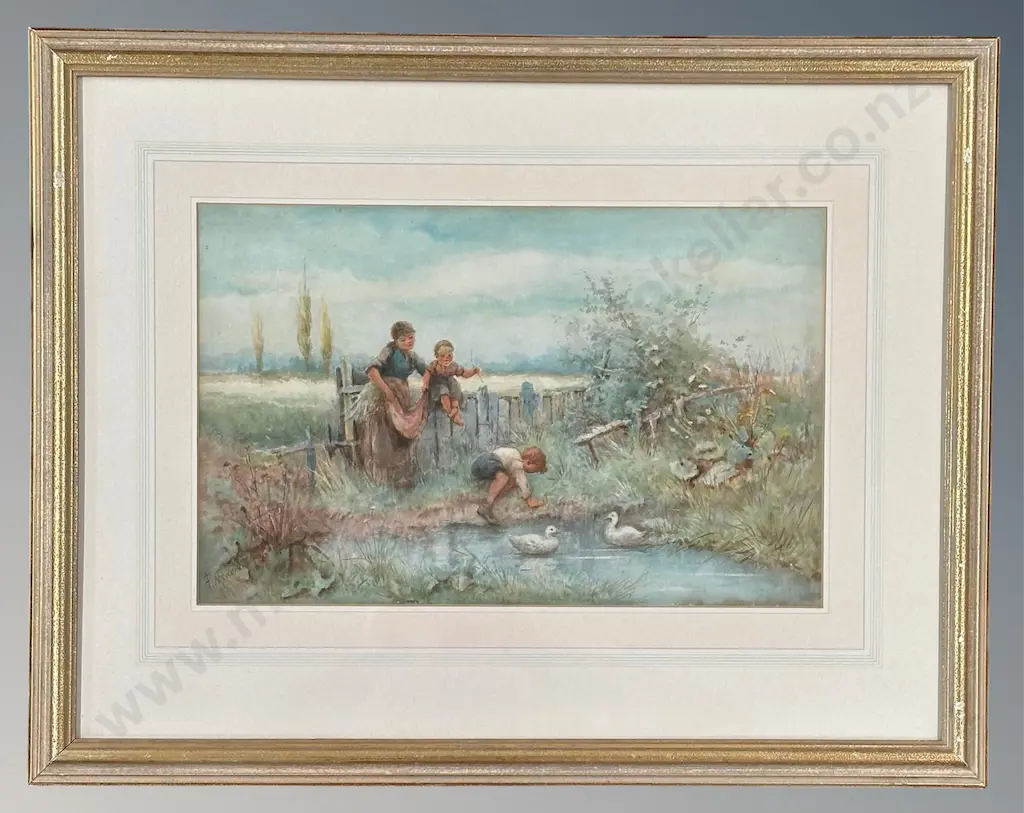 Fanny Mearns - Children and Ducks by the Stream, watercolour on paper, 290x440mm Image 1++