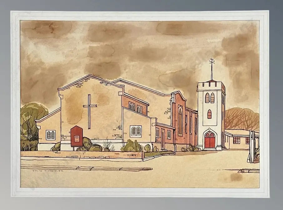 Colin Wheeler - Church Streetscape, watercolour on board, 250x355mm Image 1++