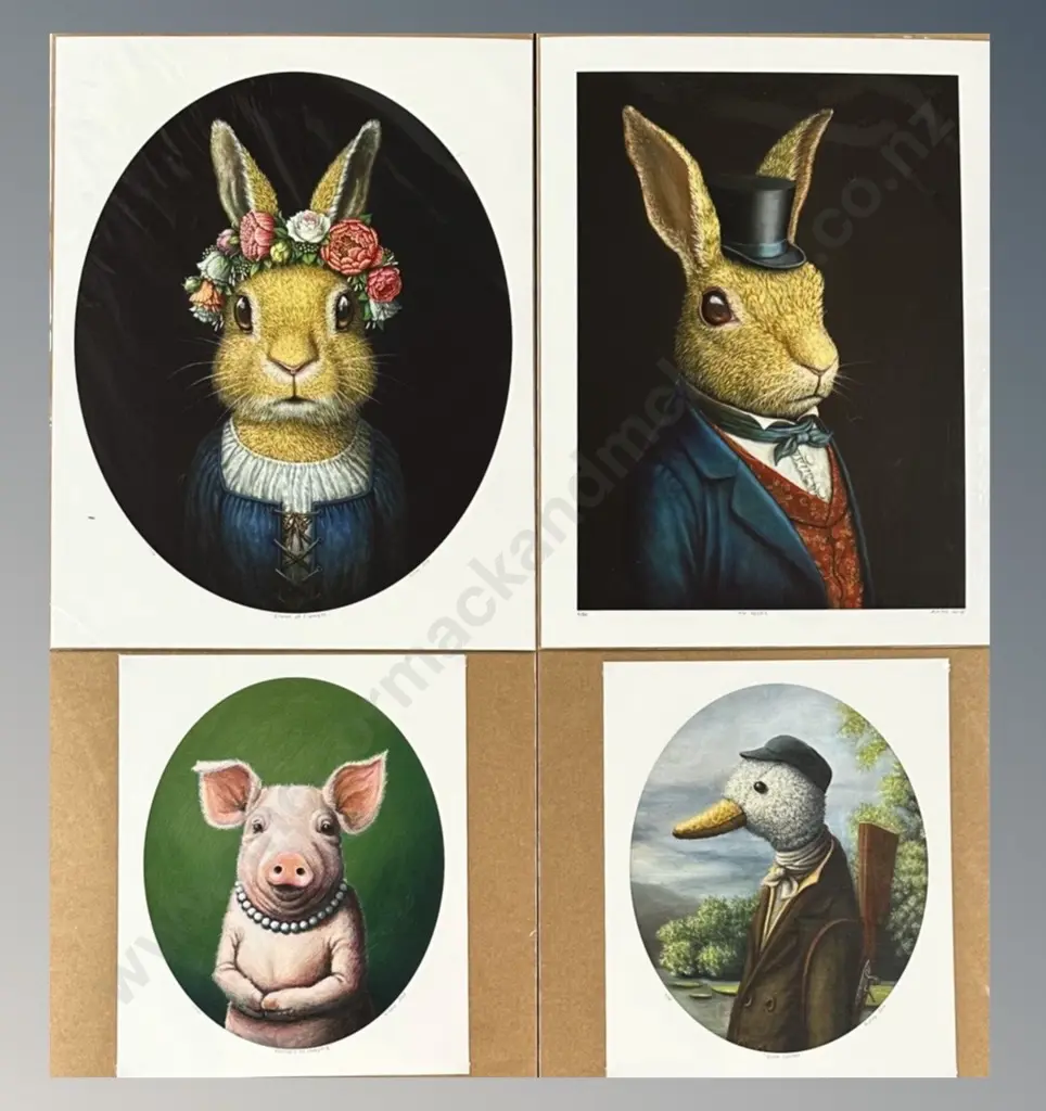 Rieko Woodford-Robinson - Ltd Ed Prints (4), Portrait of Lady Pig, 40/50, Duck Hunter 9/50, Mr Rabbit, 6/50 and Image 1++