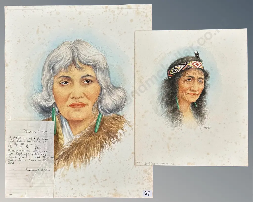 Fernanda Brenner (2) - Princess Te Puea & Guide Rangi, watercolour on paper (AF foxing) 500x380mm, 350x280mm Image 1++