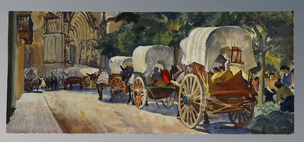 Cedric Savage - Farm Carts bringing Melons to Market Villa Franca Del Panades 260x600mm Image 1++