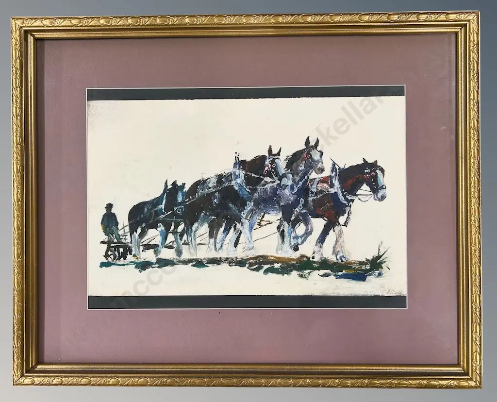 M Bruce - Ploughing Draft Horses, oil on paper, 305x495mm Image 1++