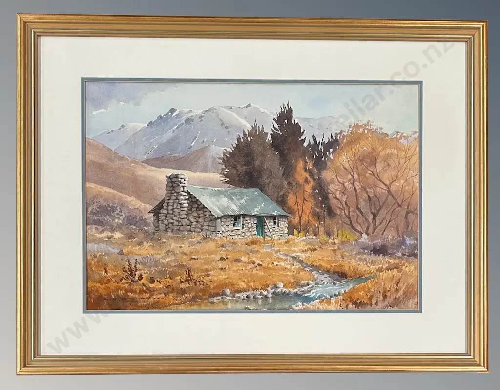 K J Andrews - Musterers Hut, Stoney Creek, Streamlands Station, watercolour on paper, 365x540mm Image 1++