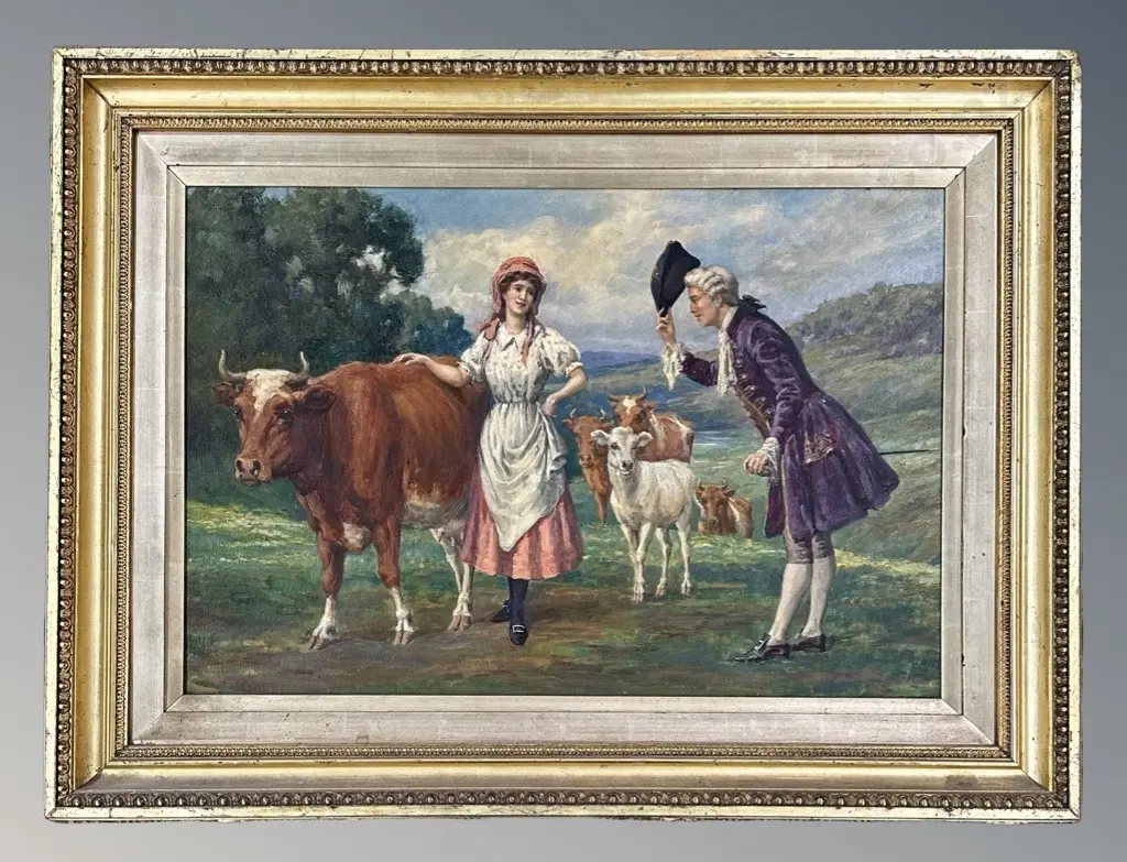 W Hounsom Byles - Where Are You Going My Pretty Maid?, oil on canvas, 495mm x 740mm Image 1++